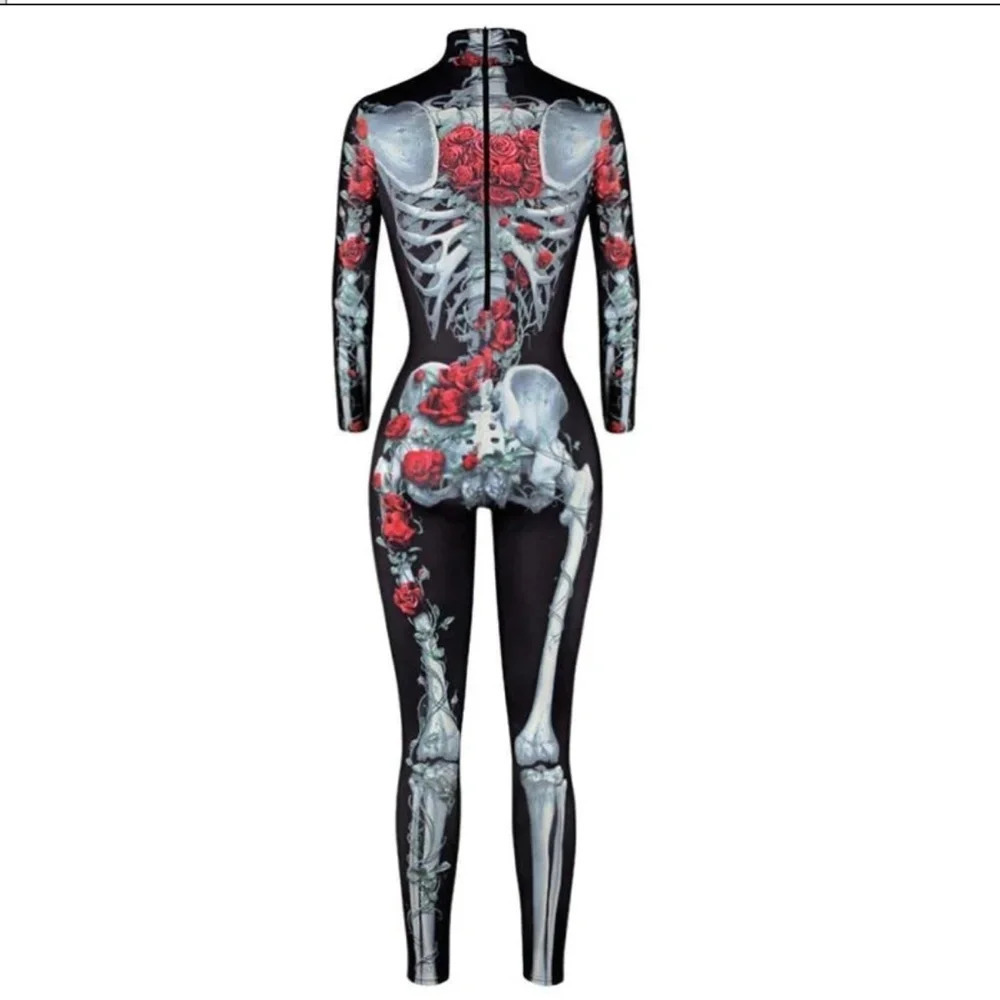 Skeleton Rose Print Scary Costume Black Skinny Jumpsuit Bodysuit Halloween XL - Picture 2 of 9
